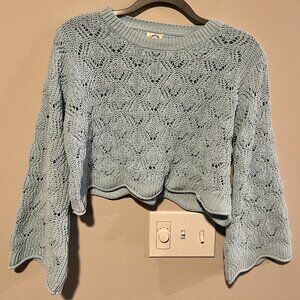 Francesca's Blue Rain Crochet Scalloped Hem Baby Blue Cropped Sweater Size Med